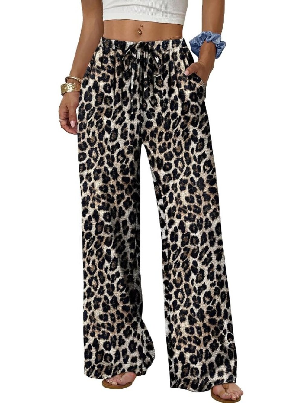 Women's Leopard Flowy Elastic Waist Trousers with Pockets Summer Leg Pants